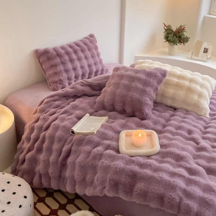 91家纺网 家纺一手货源 找家纺 潘朵拉 2023新款爆款兔毛大泡泡四件套 大泡泡紫