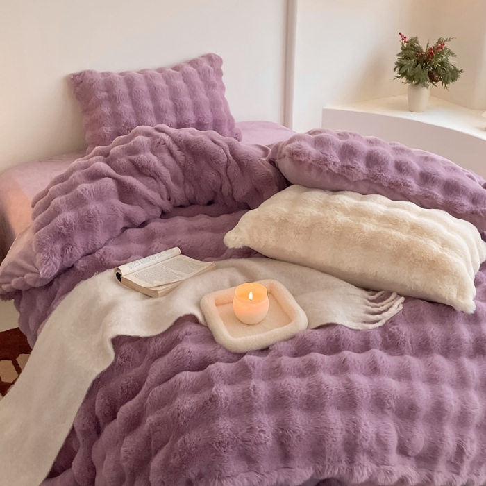 91家纺网 家纺一手货源 找家纺 潘朵拉 2023新款爆款兔毛大泡泡四件套 大泡泡紫