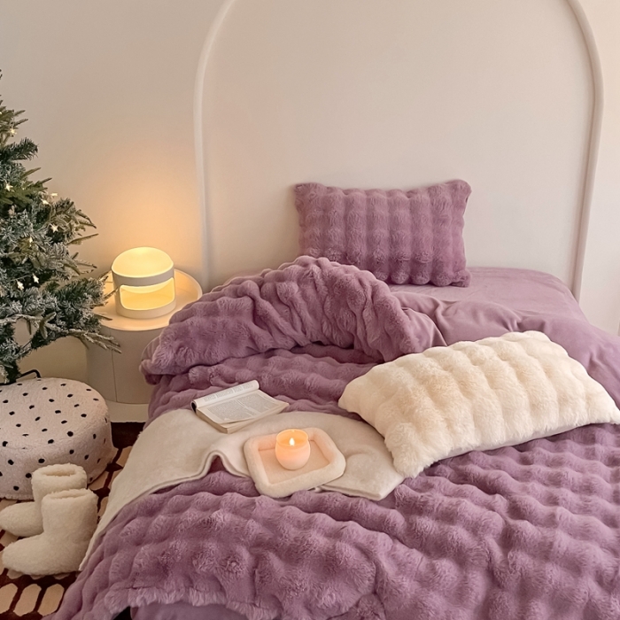 91家纺网 家纺一手货源 找家纺 潘朵拉 2023新款爆款兔毛大泡泡四件套 大泡泡紫