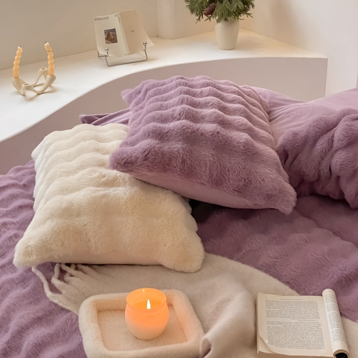 91家纺网 家纺一手货源 找家纺 潘朵拉 2023新款爆款兔毛大泡泡四件套 大泡泡紫