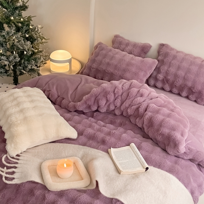 91家纺网 家纺一手货源 找家纺 潘朵拉 2023新款爆款兔毛大泡泡四件套 大泡泡紫