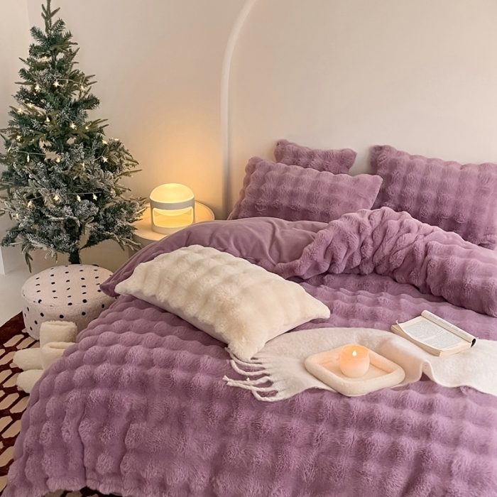 91家纺网 家纺一手货源 找家纺 潘朵拉 2023新款爆款兔毛大泡泡四件套 大泡泡紫