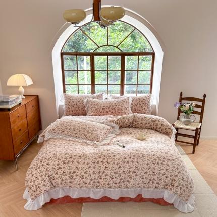摩卡 2023新款保暖法式印花花边四件套床单款四件套 彩色玫瑰-豆沙
