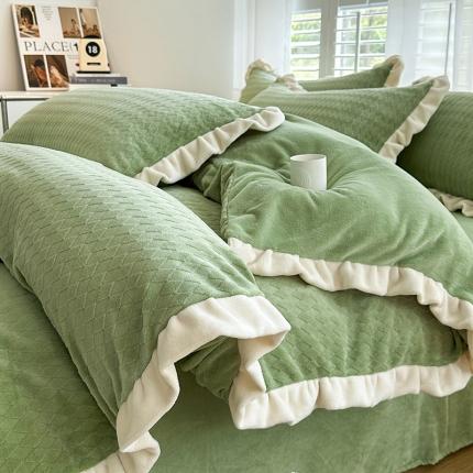 91家纺网 家纺一手货源 找家纺 其奥 2025新款加厚床单床笠款提花牛奶绒四件套-安妮 草绿