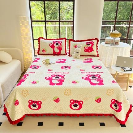 雅芝蓝 新款床盖牛奶绒花边床盖加厚保暖床盖夹棉床盖 枕套 草莓熊