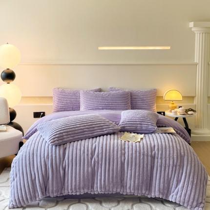 91家纺网 家纺一手货源 找家纺 金爱家 2023新款全消光A类纯色獭兔绒立体牛奶绒四件套 兔毛抽条香芋紫