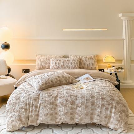 91家纺网 家纺一手货源 找家纺 金爱家 2023新款全消光A类纯色獭兔绒立体牛奶绒四件套 兔毛晕染咖