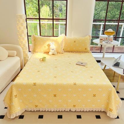 雅芝蓝 新款床盖牛奶绒花边床盖加厚保暖床盖夹棉床盖 枕套 心愿黄