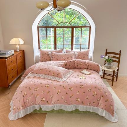摩卡 2023新款保暖法式印花花边四件套床单款四件套 小玫瑰-肉粉