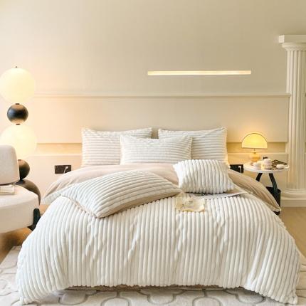 金爱家 2023新款全消光A类纯色獭兔绒立体牛奶绒四件套 兔毛抽条白咖