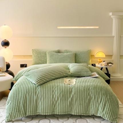 金爱家 2023新款全消光A类纯色獭兔绒立体牛奶绒四件套 兔毛抽条牛油果绿