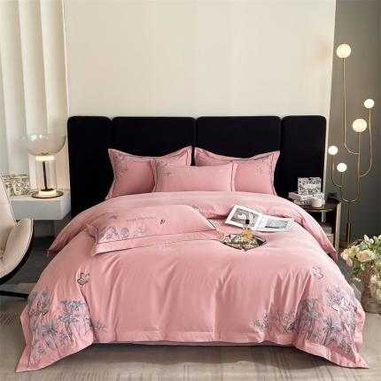 91家纺网 家纺一手货源 找家纺 2023新款高支高密锦棉绣花四件套-巴比伦花园 豆沙