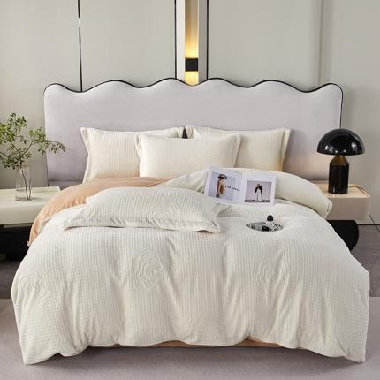 佳居缘2023新款230g全消光牛奶绒四件套-雕花+滚绳系列 晴栀-白