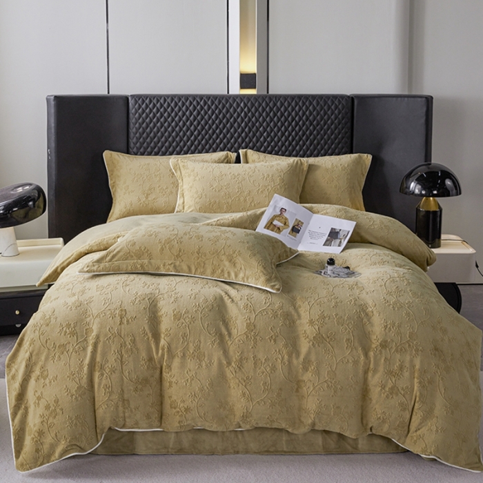 91家纺网 家纺一手货源 找家纺 佳居缘2023新款230g全消光牛奶绒四件套-雕花+滚绳系列 夕颜-绿