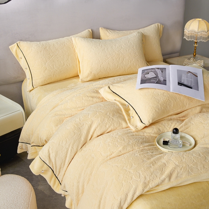 91家纺网 家纺一手货源 找家纺 佳居缘 2023新款230g全消光牛奶绒四件套-花韵系列 花韵-黄