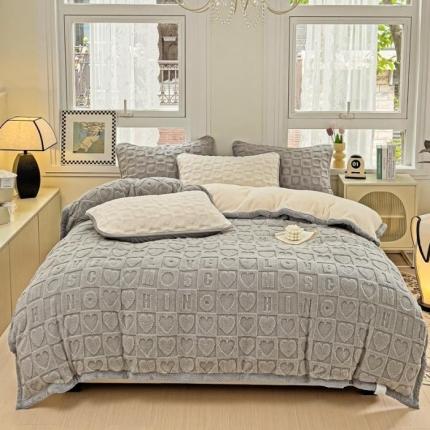 91家纺网 家纺一手货源 找家纺 法澳 2023新款230克塔芙绒被套+牛奶绒夹棉床笠款四件套 高级灰