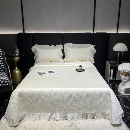 91家纺网 家纺一手货源 找家纺 淼铭家纺 2025新款A类长绒棉花边床盖三件套 珍珠白