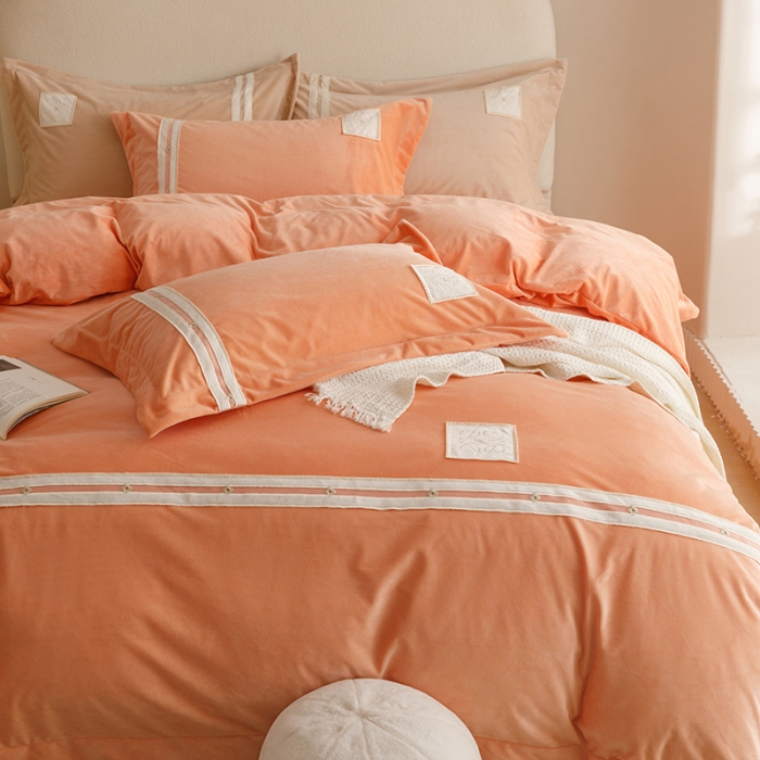 91家纺网 家纺一手货源 找家纺 摩卡 2024新款轻奢简约宝宝绒四件套 唯一-香橙