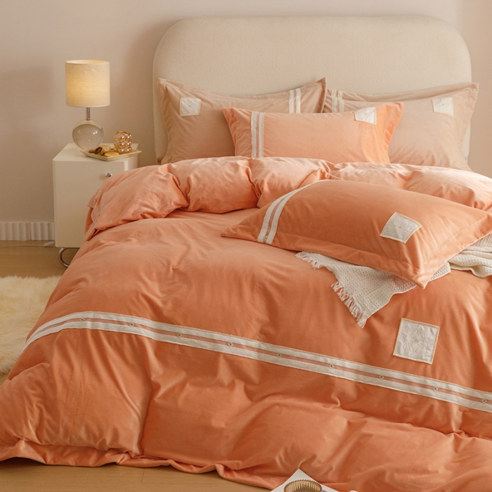 91家纺网 家纺一手货源 找家纺 摩卡 2024新款轻奢简约宝宝绒四件套 唯一-香橙