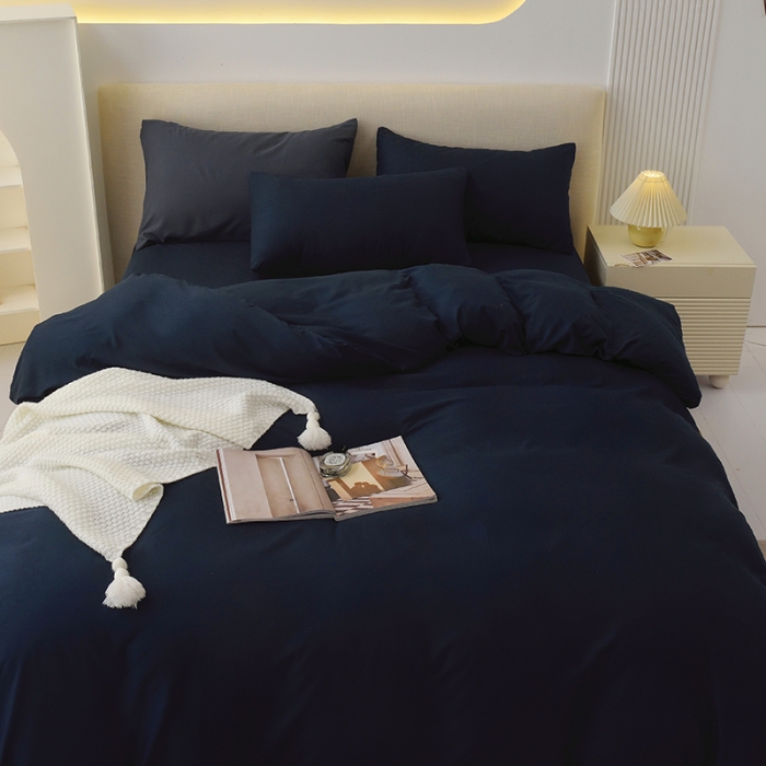 91家纺网 家纺一手货源 找家纺 诗雅被业 2023新款纯色磨毛四件套藏青