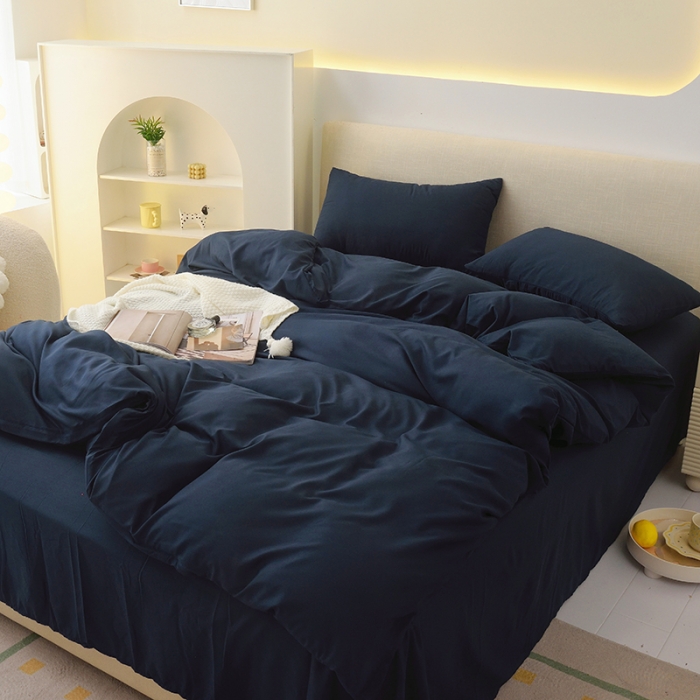 91家纺网 家纺一手货源 找家纺 诗雅被业 2023新款纯色磨毛四件套藏青