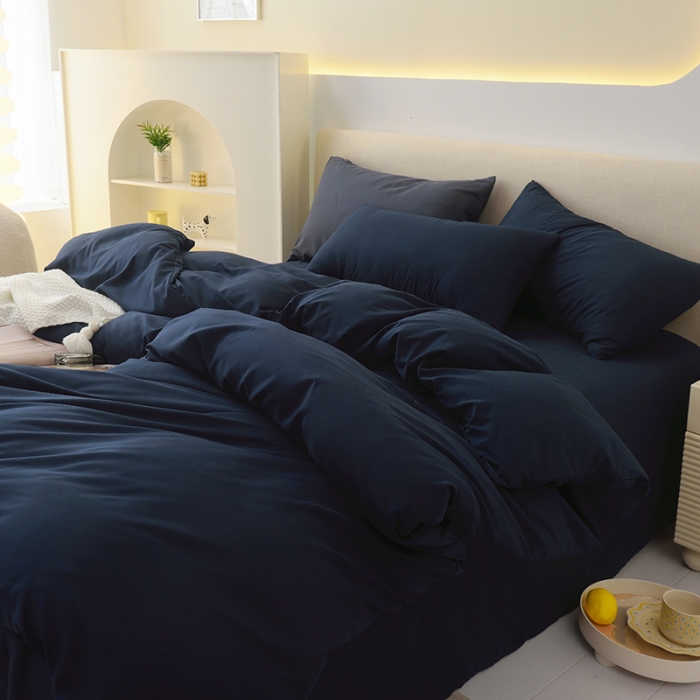 91家纺网 家纺一手货源 找家纺 诗雅被业 2023新款纯色磨毛四件套藏青