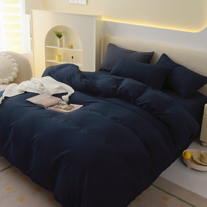 91家纺网 家纺一手货源 找家纺 诗雅被业 2023新款纯色磨毛四件套藏青