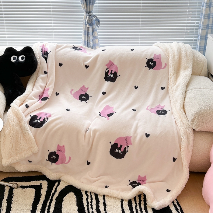 91家纺网 家纺一手货源 找家纺 昔可家纺 2023新款ins风牛奶绒羊羔绒印花毛毯（风格二）粉猫煤球