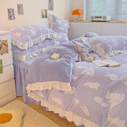 91家纺网 家纺一手货源 找家纺 静家居 2024牛奶绒韩版花边提花四件套 小小兔-紫