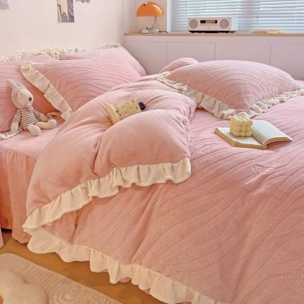 91家纺网 家纺一手货源 找家纺 静家居 2024牛奶绒韩版花边提花四件套 卡洛斯-粉