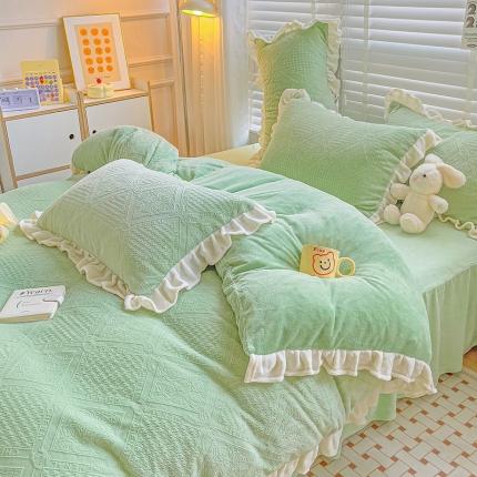 91家纺网 家纺一手货源 找家纺 静家居 2024牛奶绒韩版花边提花四件套 卡罗琳-绿