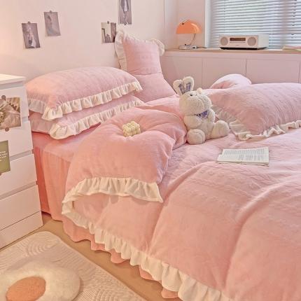 91家纺网 家纺一手货源 找家纺 静家居 2024牛奶绒韩版花边提花四件套 初暖花开-粉