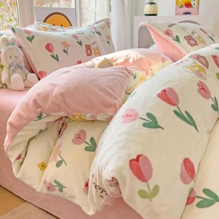 91家纺网 家纺一手货源 找家纺 （总）包小包 2023直播爆款220g高克重印花小清新牛奶绒四件套  提供买家秀