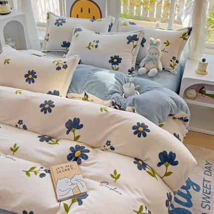 包小包 2023直播爆款220g高克重印花小清新牛奶绒四件套 小蓝花