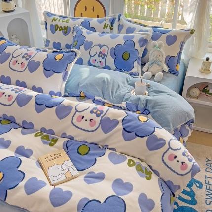 包小包 2023直播爆款220g高克重印花小清新牛奶绒四件套 小兔花朵