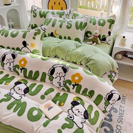 包小包 2023直播爆款220g高克重印花小清新牛奶绒四件套 欢乐狗狗