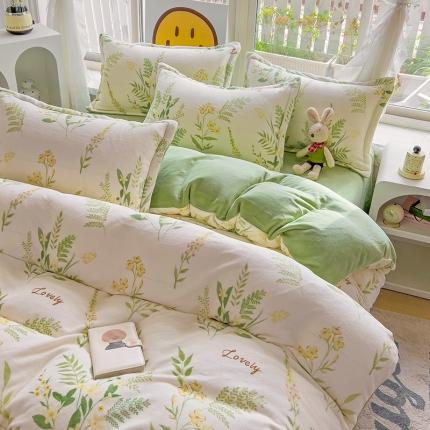 包小包 2023直播爆款220g高克重印花小清新牛奶绒四件套 新仙草