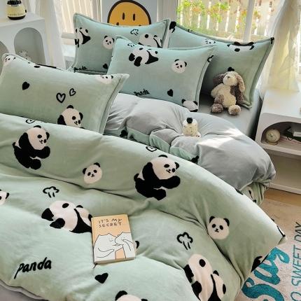 包小包 2023直播爆款220g高克重印花小清新牛奶绒四件套 熊猫墩墩