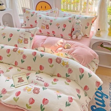 包小包 2023直播爆款220g高克重印花小清新牛奶绒四件套郁金香小兔