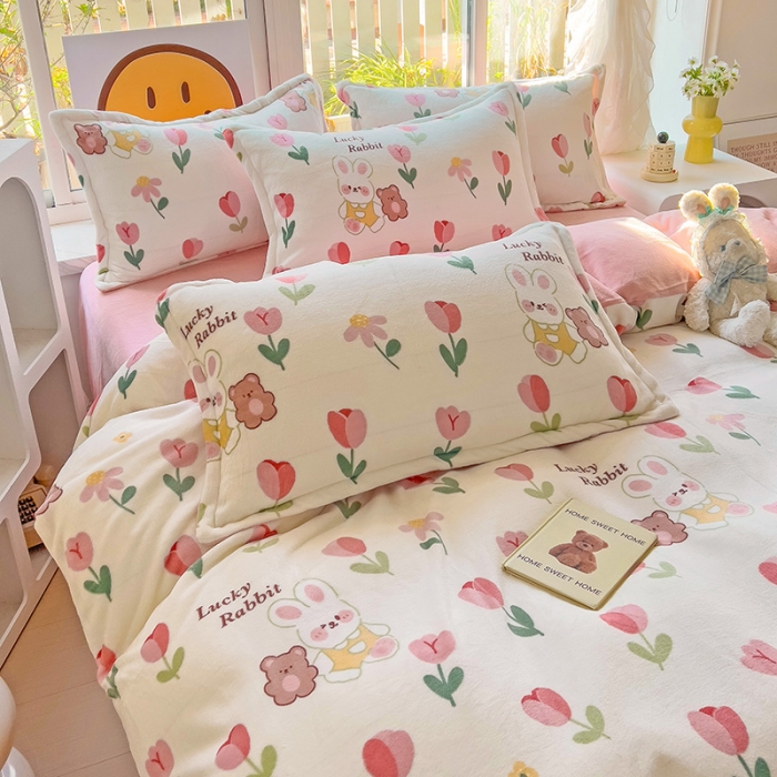 91家纺网 家纺一手货源 找家纺 包小包 2023直播爆款220g高克重印花小清新牛奶绒四件套郁金香小兔