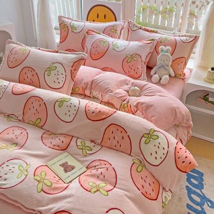 包小包 2023直播爆款220g高克重印花小清新牛奶绒四件套 大草莓