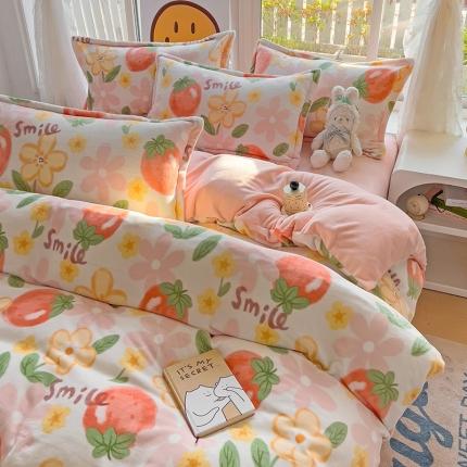 包小包 2023直播爆款220g高克重印花小清新牛奶绒四件套 草莓花朵