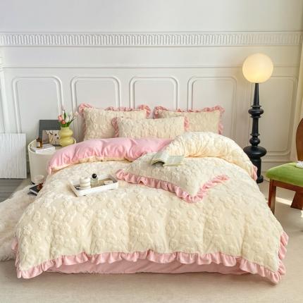 91家纺网 家纺一手货源 找家纺 米莱家纺 2024新款韩版塔芙绒牛奶绒四件套 莫奈花园-白加粉