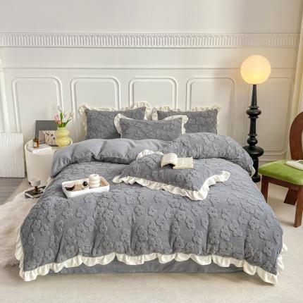 91家纺网 家纺一手货源 找家纺 米莱家纺 2024新款韩版塔芙绒牛奶绒四件套 莫奈花园-灰色