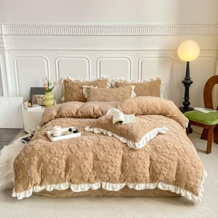 91家纺网 家纺一手货源 找家纺 米莱家纺 2024新款韩版塔芙绒牛奶绒四件套 莫奈花园-卡其