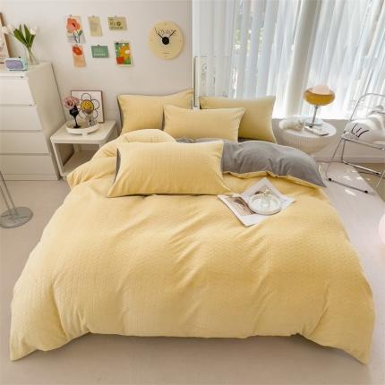 91家纺网 家纺一手货源 找家纺 全季家居 2023新款小清新A类高克重加厚印花牛奶绒被套单件 奶黄+浅灰