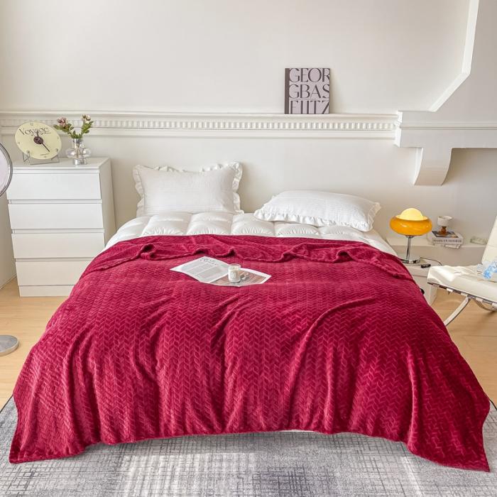 91家纺网 家纺一手货源 找家纺 金来家纺 跨境电商 2024新款法莱绒提花麦穗毛毯  盖毯子办公午睡毯 提花麦穗  酒红