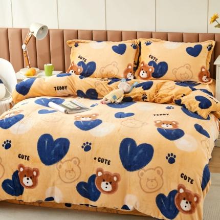 91家纺网 家纺一手货源 找家纺 乐居坊 2023新款高克重牛奶绒印花保暖四件套 爱心熊