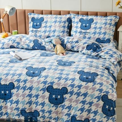 91家纺网 家纺一手货源 找家纺 乐居坊 2023新款高克重牛奶绒印花保暖四件套 潮流熊-蓝