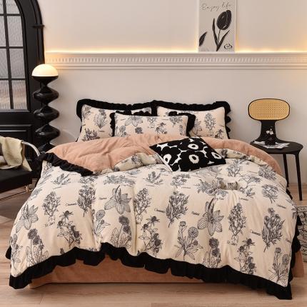 91家纺网 家纺一手货源 找家纺 （总）迪梦姿 2025新款牛奶绒印花黑花边款四件套